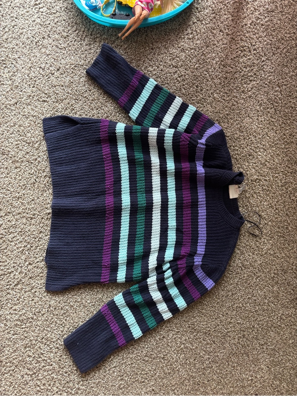 St. John's Bay Navy Crewneck Sweater with Teal, Purple & Mint Stripes